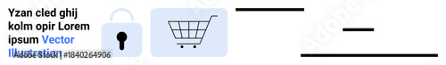 Online shopping, cybersecurity, e-commerce safety, secure transactions, payment protection, digital commerce. Lock and shopping cart security in online purchases. Online shopping and cybersecurity