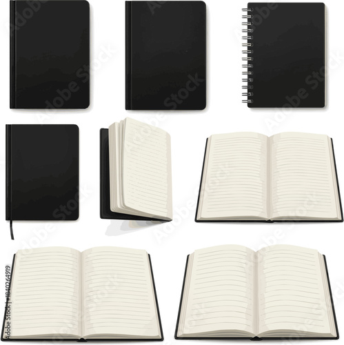 Isolated a kinds of deferent Realistic black lined notebook open and closed vector art with white background..