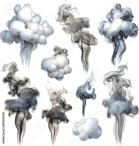 Isolated a kinds of deferent realistic smoke or steam set vector art with white background.