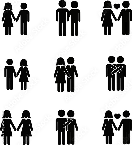 Isolated a kinds of deferent Simple silhouettes or icons of two people - woman and man facing each other - relationship, vector art with white background..


