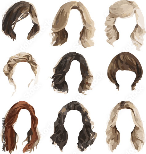 Isolated a kinds of deferent women realistic modern hair cut vector art with white background.