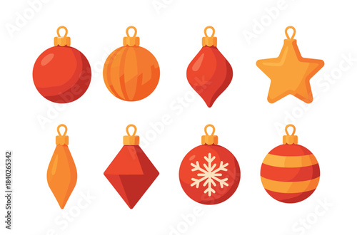 Christmas baubles collection, flat vector illustration with ornaments and stars