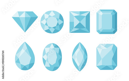 Gemstone shapes collection, diamonds, jewels and crystals, flat vector illustration