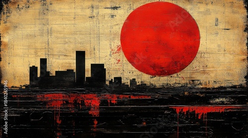 Urban skyline, red sun, distressed background