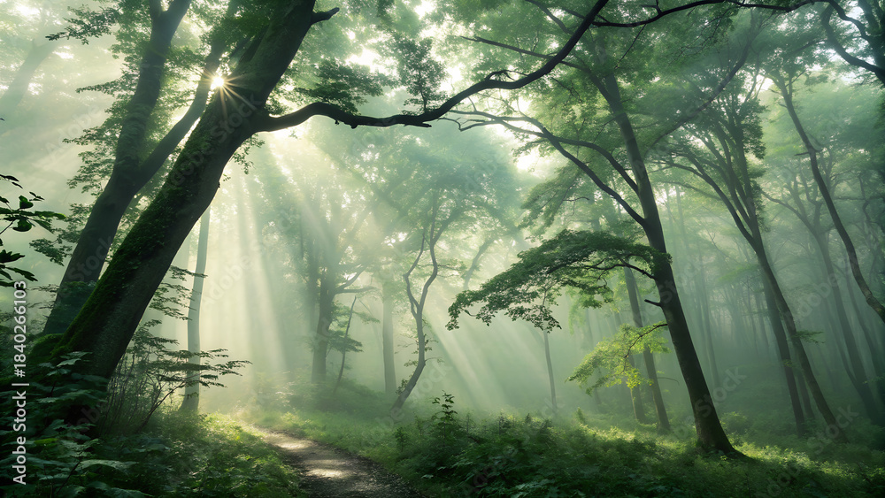 Obraz premium Misty morning sunbeams illuminate the green forest path through the woods and trees