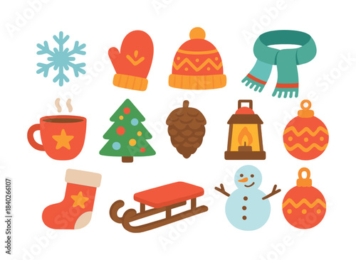 Vector Colorful winter icons: snowflake, mittens, hat, scarf, hot drink, christmas tree, pinecone