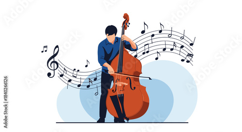 A musician plays a beautiful upright bass, with musical notes swirling around, creating a harmonious and vibrant musical scene.