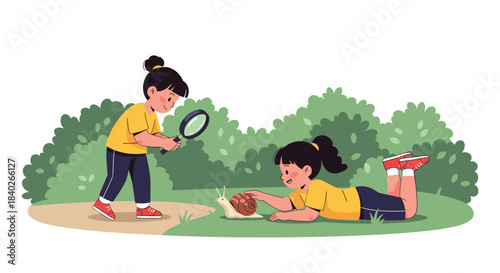Little girls engage in a scientific exploration, one using a magnifying glass while the other gently observes a snail on the grass.