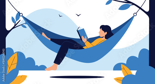 Woman relaxing in a hammock and reading a book outdoors in a stylized blue landscape.