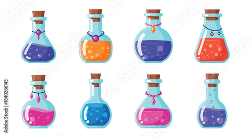 A vibrant collection of cartoon-style magic potion bottles, each with a unique shape, colorful liquid, and decorative charm, isolated on white.