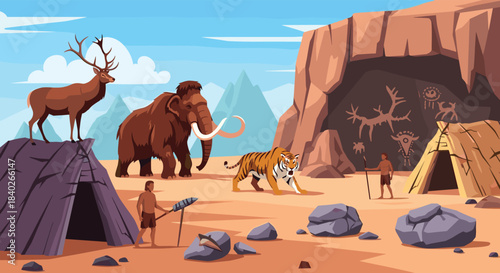 Prehistoric landscape featuring woolly mammoths, a tiger, deer, and early humans with shelters and cave art.