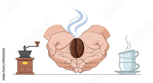 Coffee journey: hands delicately hold a steaming bean, beside a classic grinder and warm stacked cups, illustrating the process.