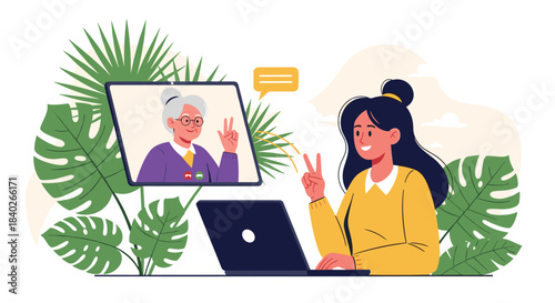 A young woman connects with her grandmother through a video call on a laptop, sharing a joyful moment and a peace sign.
