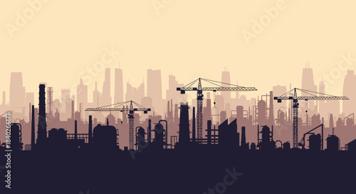 Industrial cityscape silhouette depicting factories, power plants, and construction cranes against a layered, hazy urban background.