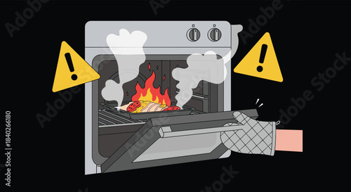 An oven fire with burning food and smoke, featuring warning signs and a hand in an oven mitt pulling out the rack, illustrating a kitchen emergency.