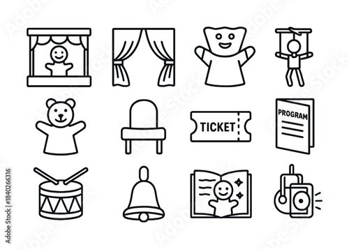 Vector Set of theater icons including puppets, stage, and musical elements