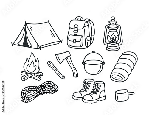 Vector Hand-drawn camping gear illustrations with tent, backpack, lantern, and more