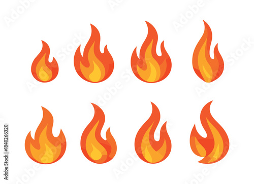 Flame collection, fire elements, heat symbols, flat vector illustration