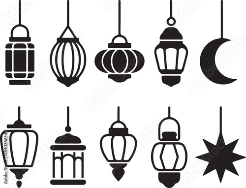 Collection of Hanging Lanterns and Moon Icons