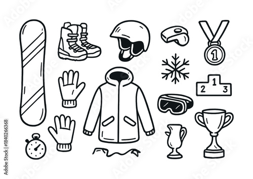 Vector Winter sports equipment collection: snowboard, helmet, boots, and trophies