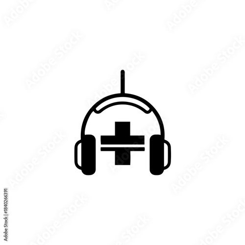 Icon of headphones with a plus symbol superimposed, representing audio healthcare or medical communication and sound therapy. isolated on transparent background