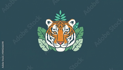 Stylized illustration of a majestic tiger head surrounded by green tropical leaves on a dark background