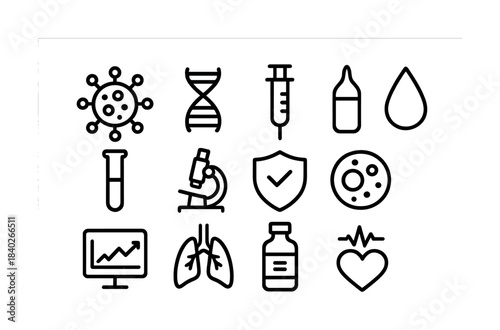 Medical icon set featuring virus, dna, syringe, and healthcare symbols