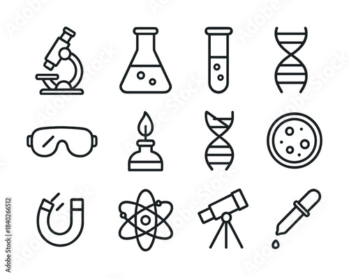 Science equipment icons set featuring microscope and dna helix