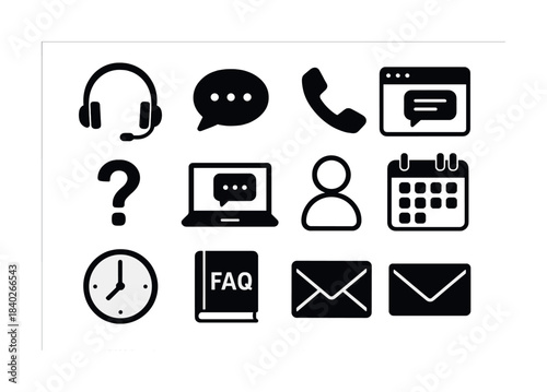 Customer support icons – headset, chat bubbles, phone, faq, calendar, email, laptop, clock