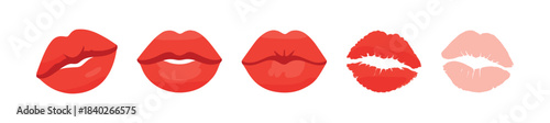 Red lipstick kissing lips, flat vector illustration, pout, makeup, cosmetics