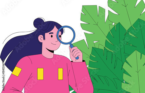 Woman Looking Through Magnifying Glass; Researching and Exploring Tropical Leaves; Scientific Discovery; Nature Study; Investigation; Curiosity; Flat Vector Illustration; Survey.