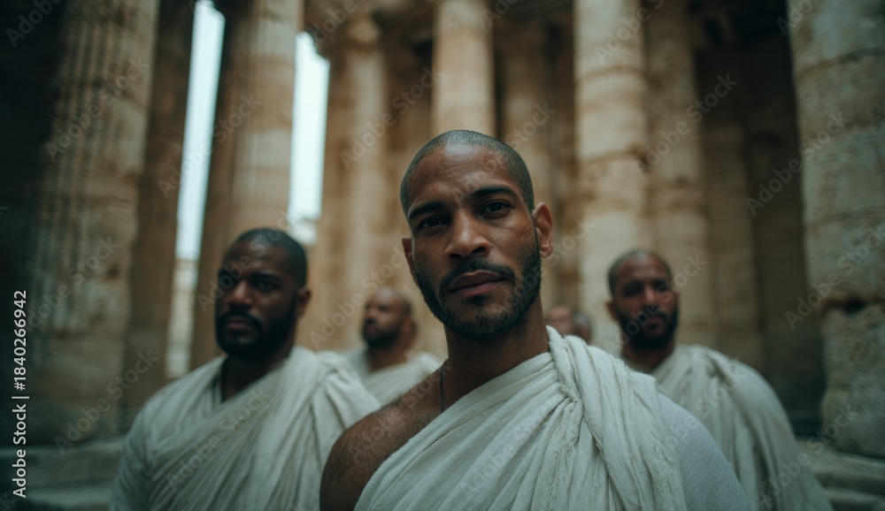 Naklejka premium Group of black men dressed in ancient greek-style white robes walking through historic stone ruins with columns