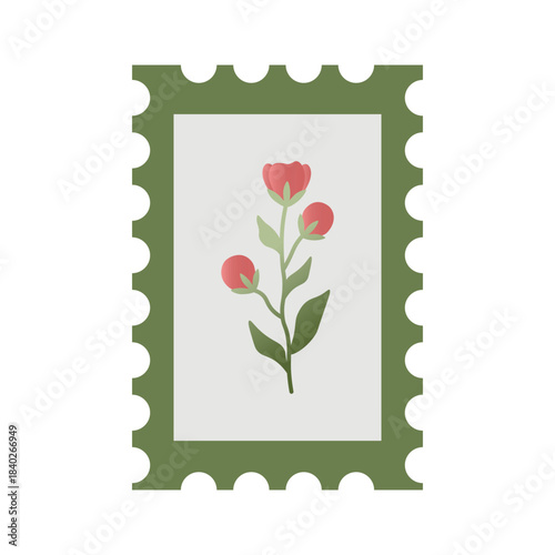 Vector illustration of a vintage postage stamp with a green perforated edge and a delicate pink flower in a minimalist flat style. Great for graphic projects, stationery, invitations, scrapbooking.