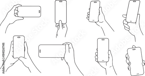 Vector illustration of Set of flat line art of isolated Hands holding mobile phone with blank screen black and white vector set