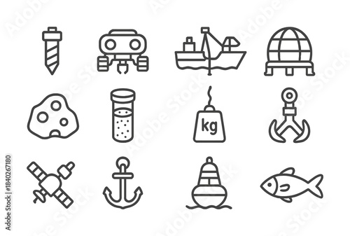 Icon set: screw, robotics, ship, dome, rock, salt, weight, hook, satellite, anchor, buoy, fish