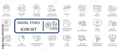 Digital Ethics and AI Governance  Line Icon Set. Covers privacy, bias, trust, consent, and secured data. Ideal for tech, legal, and educational projects