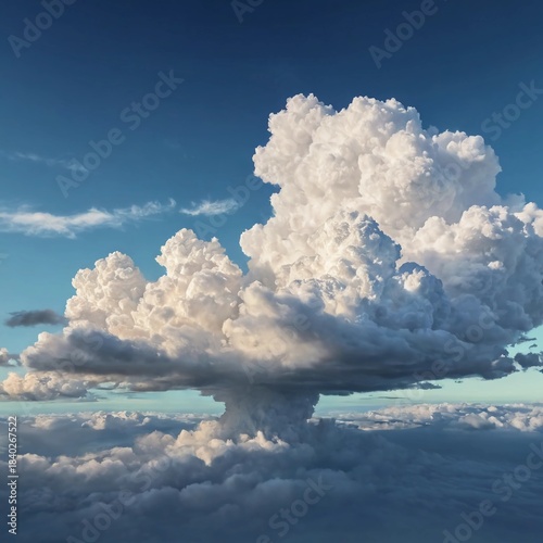 Vast fluffy clouds rise majestically in the sky, reflecting soft light as dusk approaches. The breathtaking view showcases the beauty of nature's artistry above the horizon Generative AI