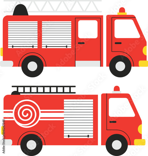 Fire truck clipart set featuring red emergency vehicles, rescue engines, ladders, and equipment illustrations perfect for kids’ designs, crafts, teaching materials, and printables