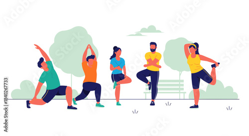 People Doing Fitness Exercise In The Park, Healthy Lifestyle Activities And Sports Concept