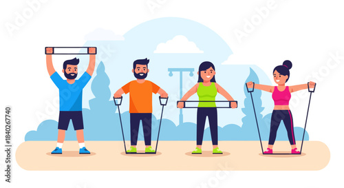 People Doing Resistance Band Exercises Outdoors For A Healthy And Active Lifestyle