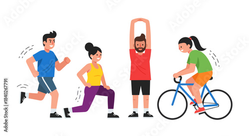 People Doing Varieties Of Exercises To Stay Healthy And Fit In Flat Vector Style