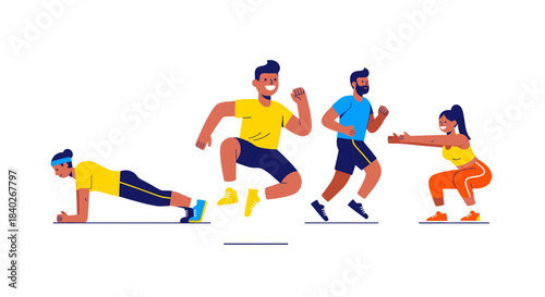 People Doing Workout Exercises And Practice Sports Activities For Physical Health