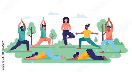 People Practicing Yoga Poses Outdoors Demonstrating Wellness and Mindful Exercise