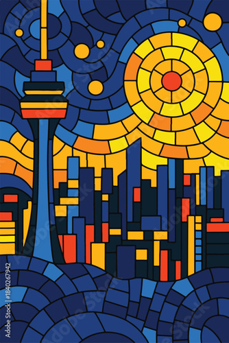 Vibrant Mosaic Cityscape – Colorful Stained-Glass Urban Illustration