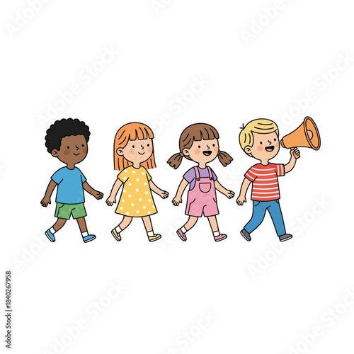 Diverse kids marching together  children, kids, walking, marching, group, diverse