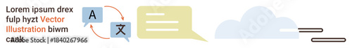 Language learning, translation tools, communication, data exchange, cloud services, multilingual content. Images of exchange arrows, speech bubble and cloud. Language learning and translation tools