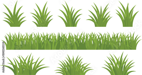 Green grass clipart set featuring various lawn tufts, grass borders, and natural foliage elements for landscaping designs, decoration, crafting, and outdoor scenes