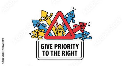 Prioritize Driving: Cartoon Arrows Illustrating Traffic Regulations and Road Safety