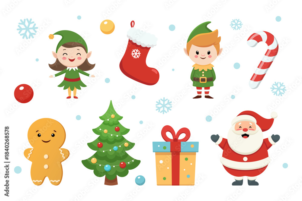 Fototapeta premium Festive Christmas characters and traditional symbols creating a holiday collection on a white background