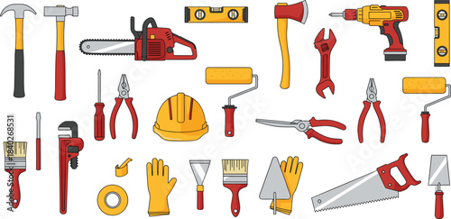 Construction and handyman tool set illustration featuring power tools, hand tools, safety gear, and repair equipment for DIY projects, workshops, and contractor designs